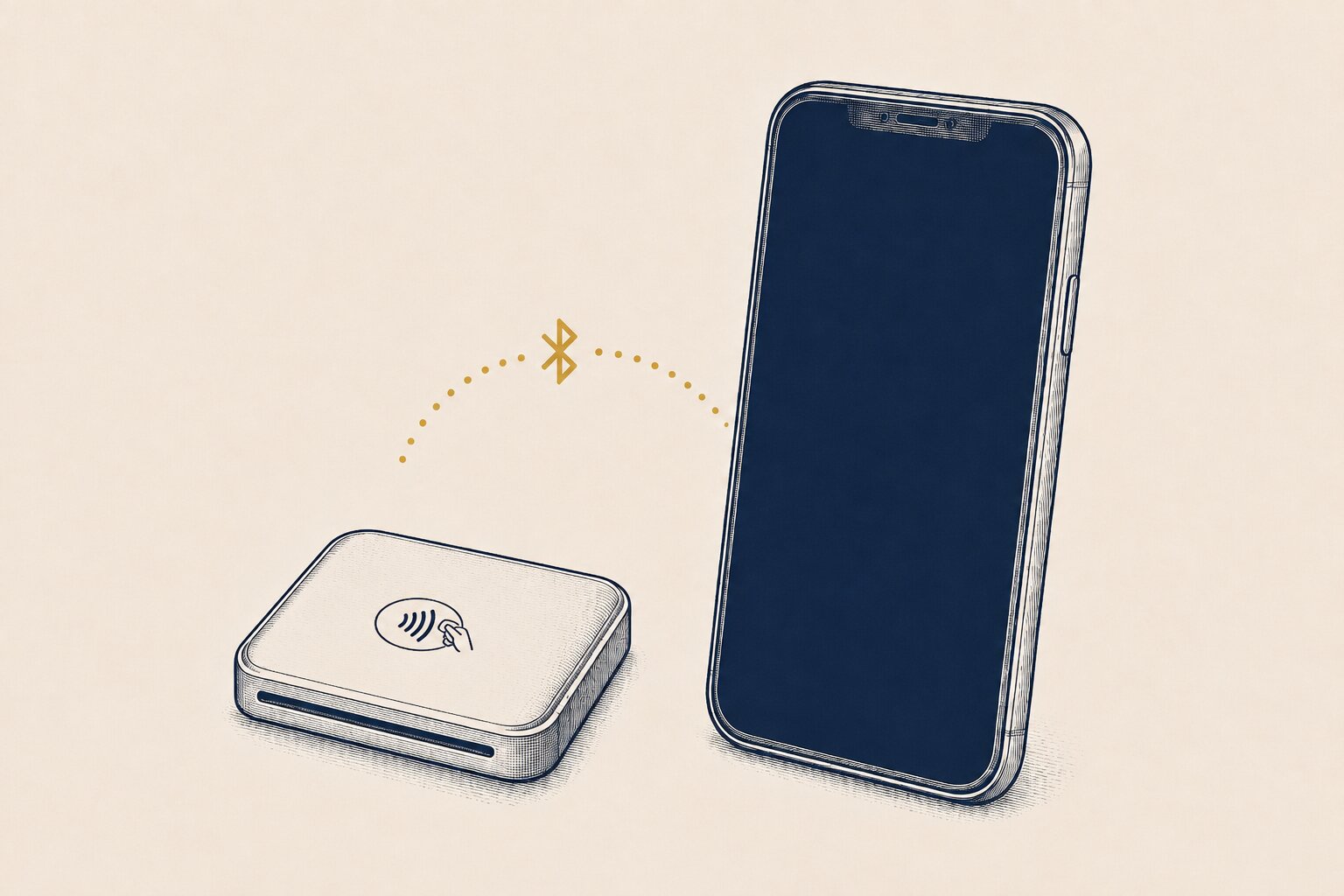 BBPOS pocket Bluetooth card reader beside the phone it pairs with