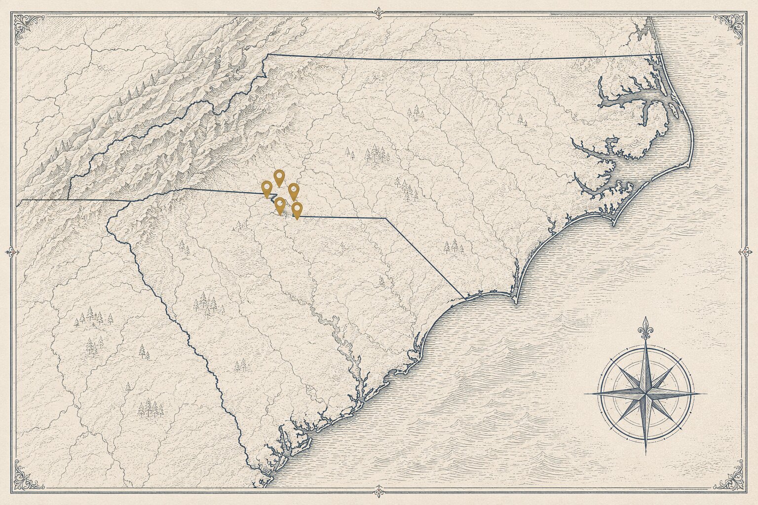 Etched map of North and South Carolina with pins around the Charlotte and Rock Hill area