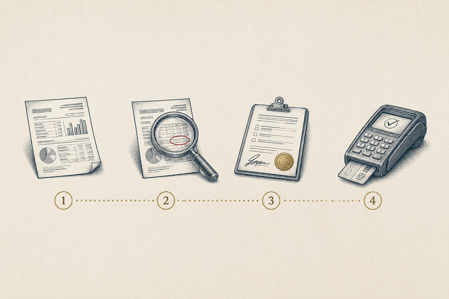 Etched four-step timeline: a statement, a magnifier with a red audit circle, a signed application with a seal, and a live terminal