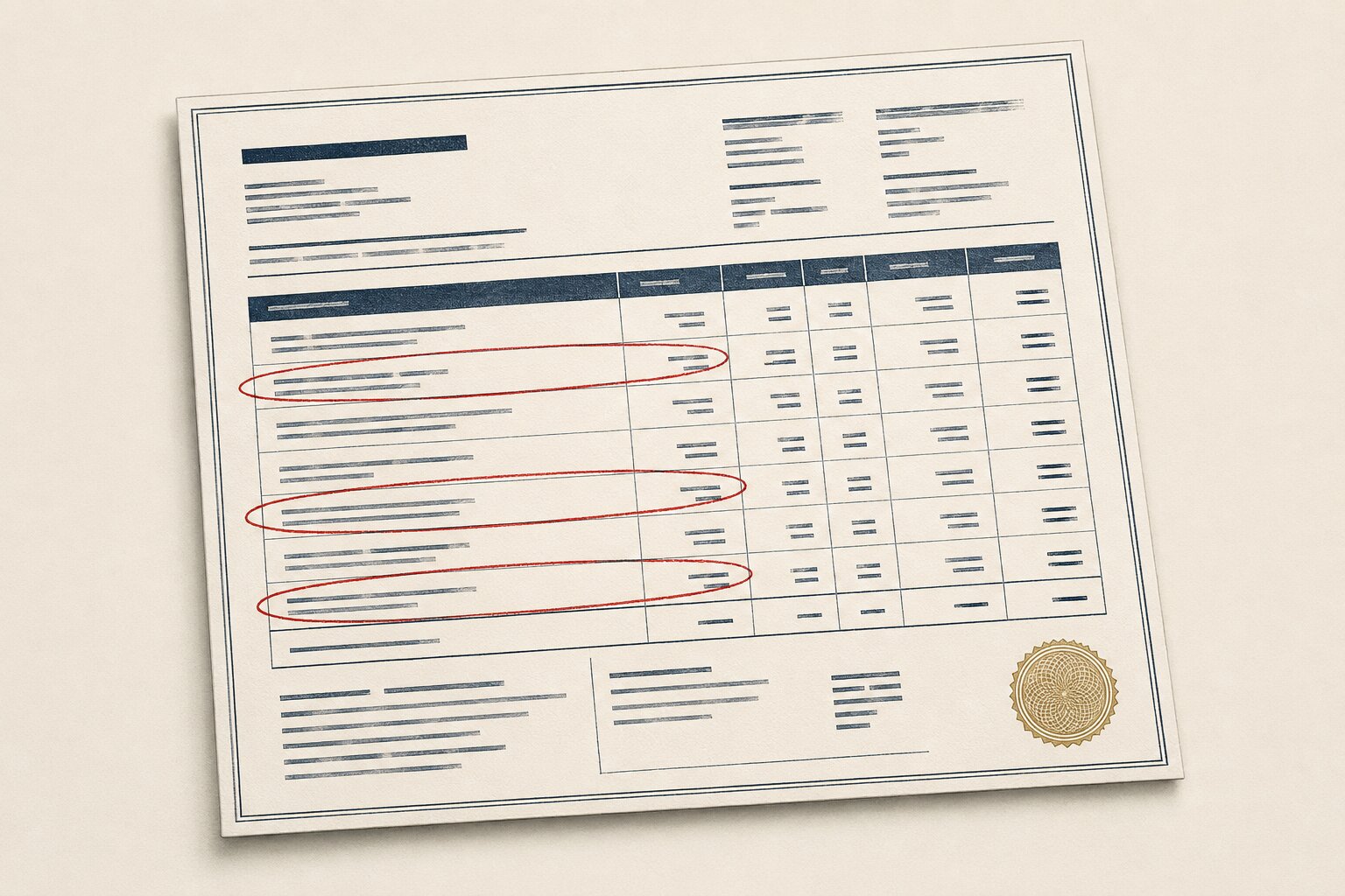 Etched illustration of a merchant statement under a magnifier with red annotation circles