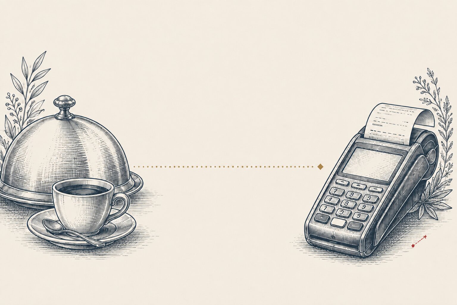 Etched illustration for restaurants: table setting beside a payment terminal