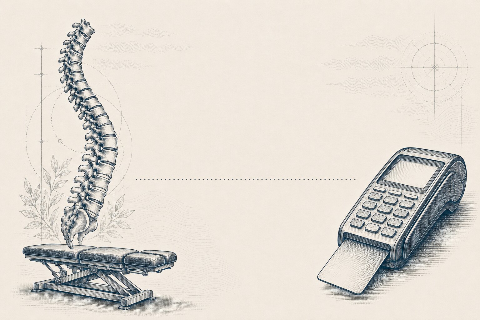 Etched illustration for wellness practices: adjustment table beside a payment terminal