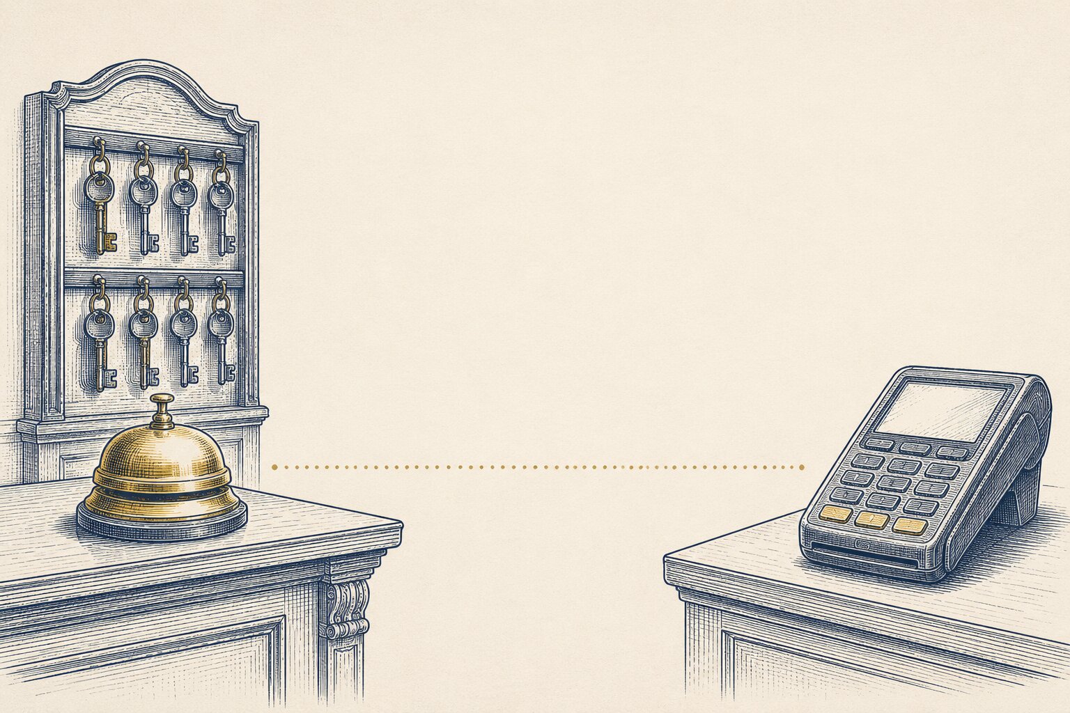 Etched illustration for hotel and lodging: front-desk bell and key rack with a payment terminal