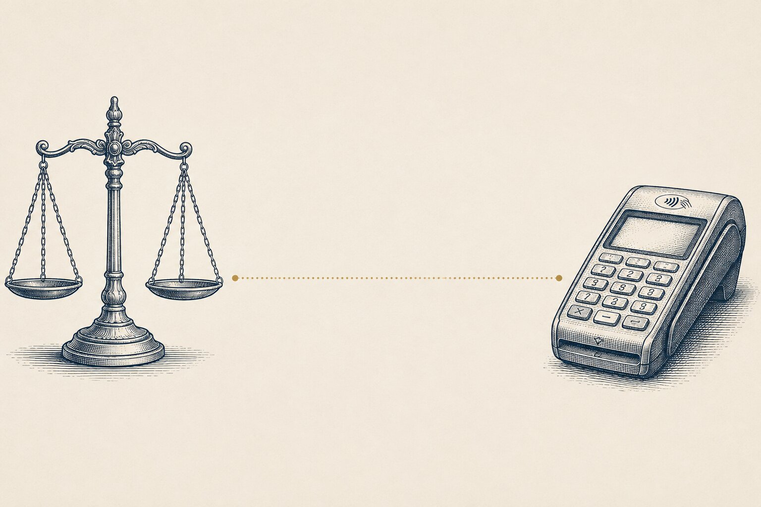 Etched illustration for professional practices: desk with documents and a payment terminal