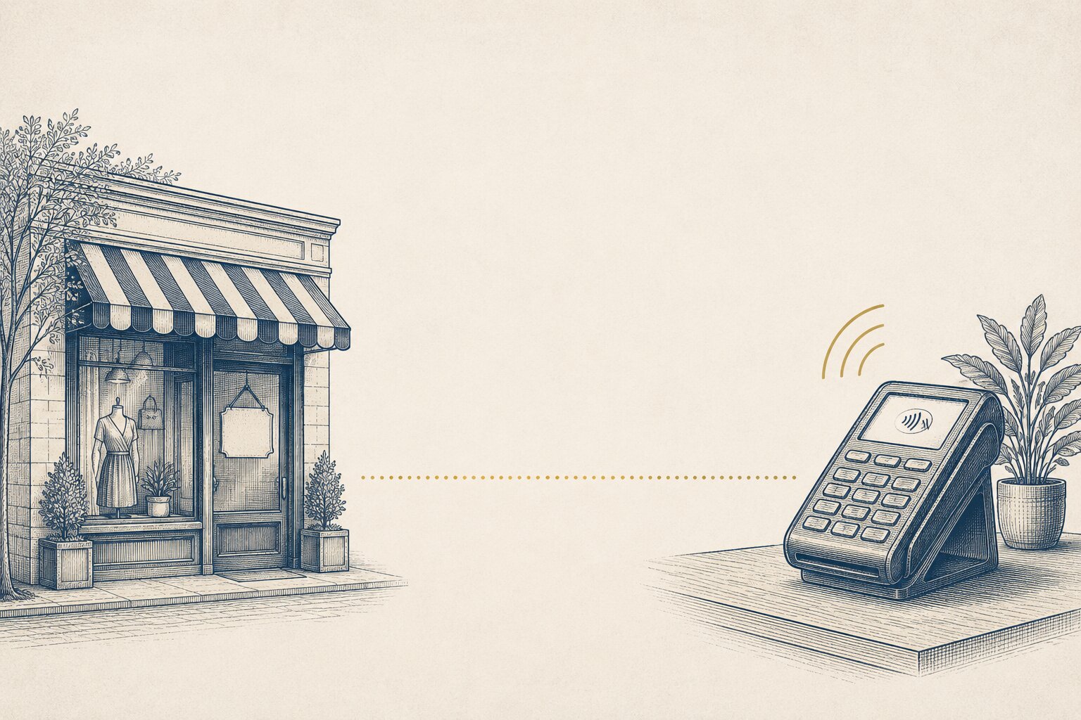 Etched illustration for retail: storefront shelving beside a payment terminal