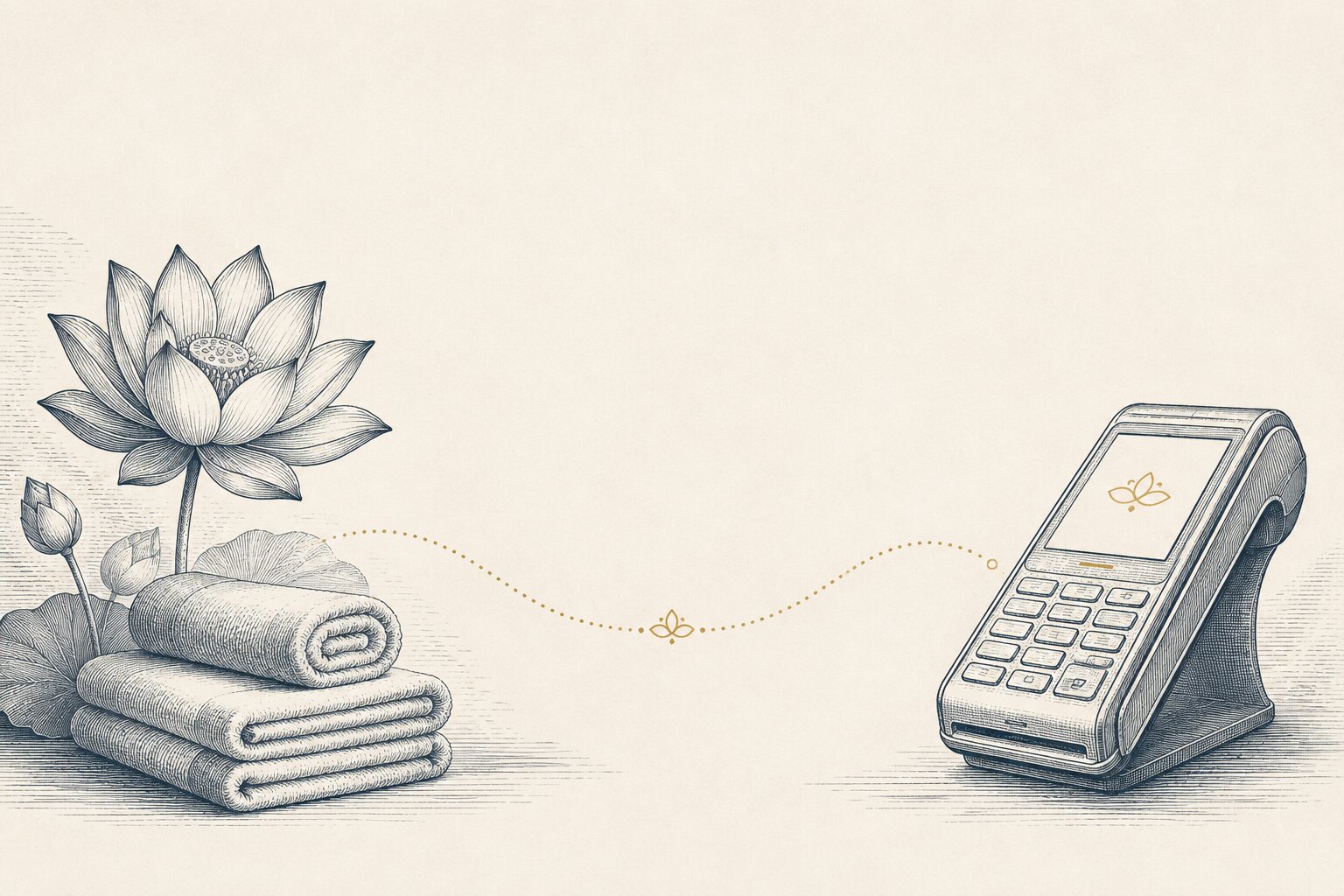 Etched illustration for spa and aesthetic studios: treatment room detail beside a payment terminal